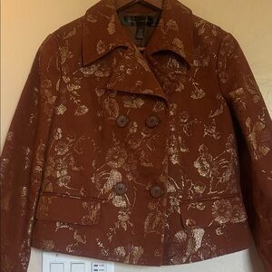 Elegant Floral Pea Coat in Brown and Gold